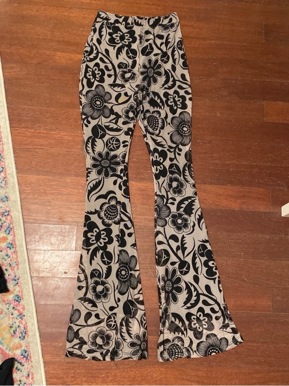 Black Floral Pattern Bell Bottom mesh Pants - Beige Background